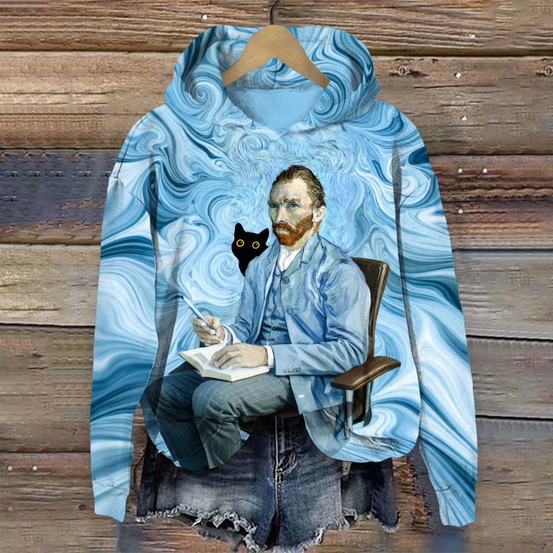 Women's Starry Night Writer Cat  Print Long Sleeve Hoodie - Sky Blue - 8XL - image 1