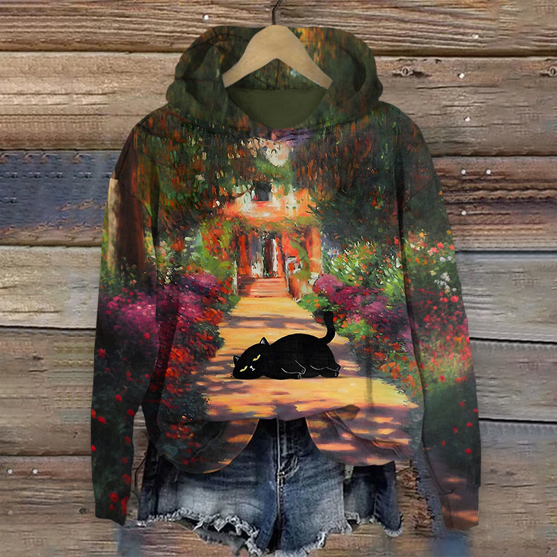 Women's Colorful Garden Path Cat Print Long Sleeve Hoodie - Multicolor - 8XL - image 1