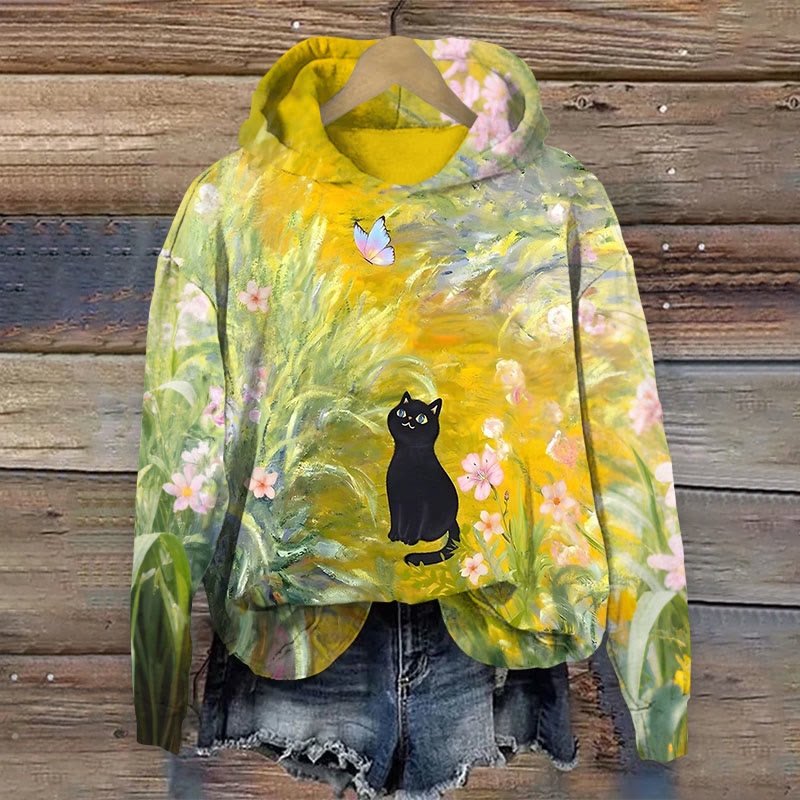 Women's Butterfly Meadow Cat Print Long Sleeve Hoodie - Multicolor - 8XL - image 1
