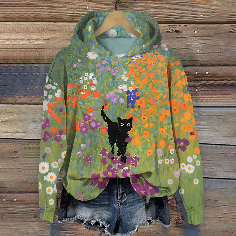 Women's Colorful Blooming Flowers & Cat Print Long Sleeve Hoodie - Multicolor - 8XL - image 1