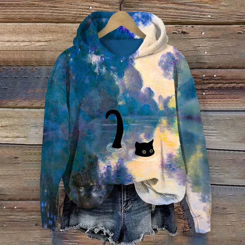 Women's Creative Misty Lake Cat Print Long Sleeve Hoodie - Blue - 8XL - image 1