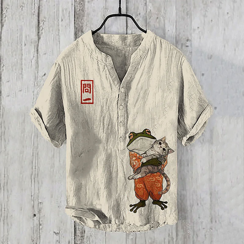 Japanese Retro Frog And Cat Companions  Art Print Casual Shirt - Beige - 6XL - image 1