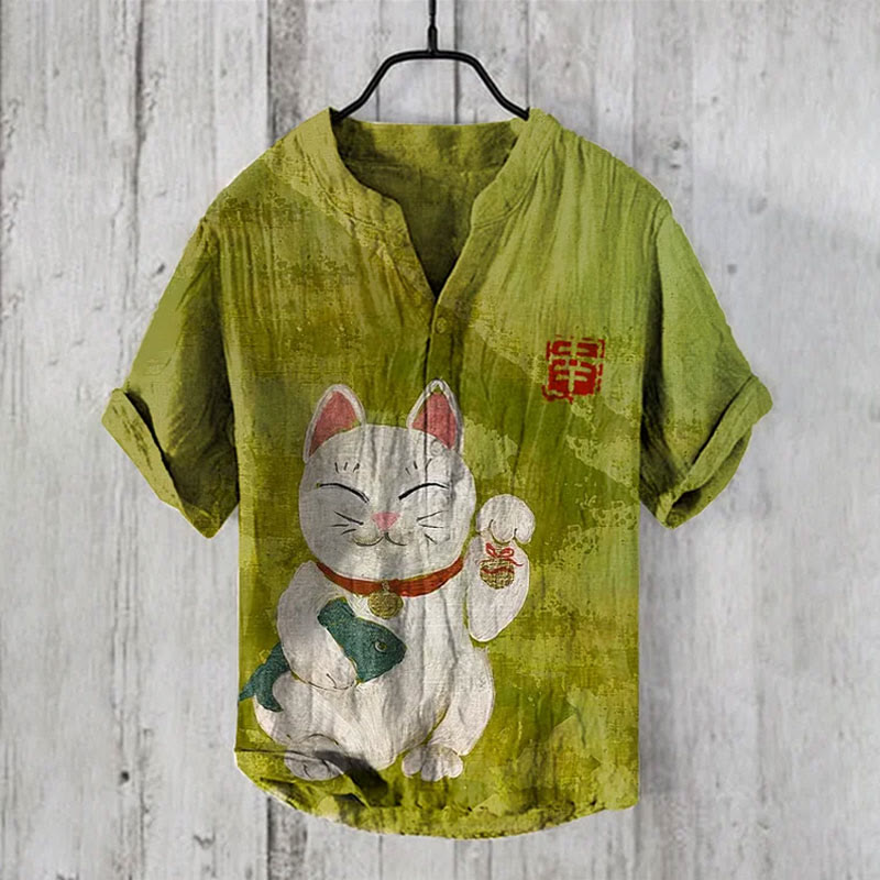 Japanese Retro Lucky Cat With Fish Art Print Casual Shirt - Green - 6XL - image 1