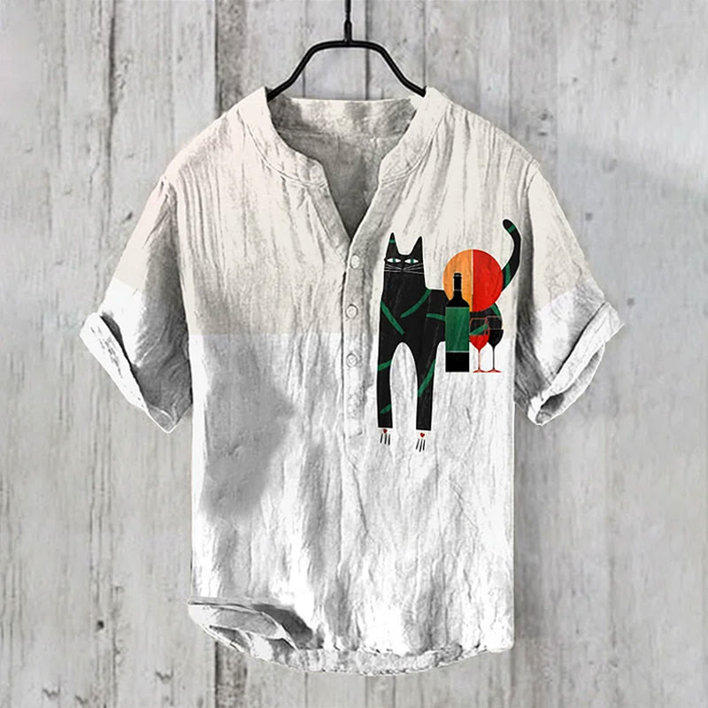 Japanese Retro Wine Cat Graphic Art Print Casual Shirt - White - 6XL - image 1
