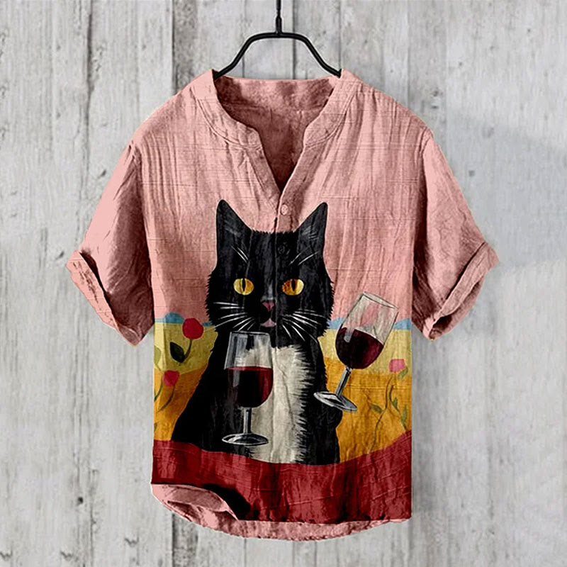 Japanese Retro Double Wine Glasses Cat Art Print Casual Shirt - Pink - 6XL - image 1