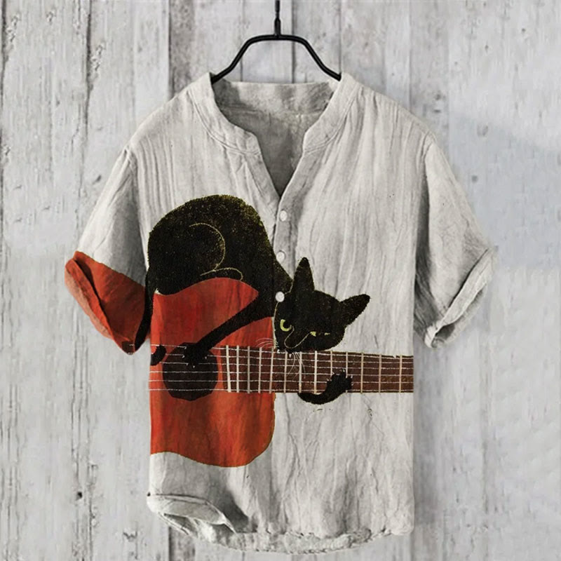 Japanese Retro Funny Guitar Cat Art Print Casual Shirt - Light Gray - 6XL - image 1