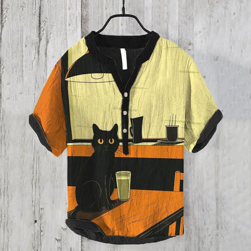 Japanese Retro Colorblocks Café Noir Cat Art Print Casual Shirt - Multicolor - 6XL - image 1