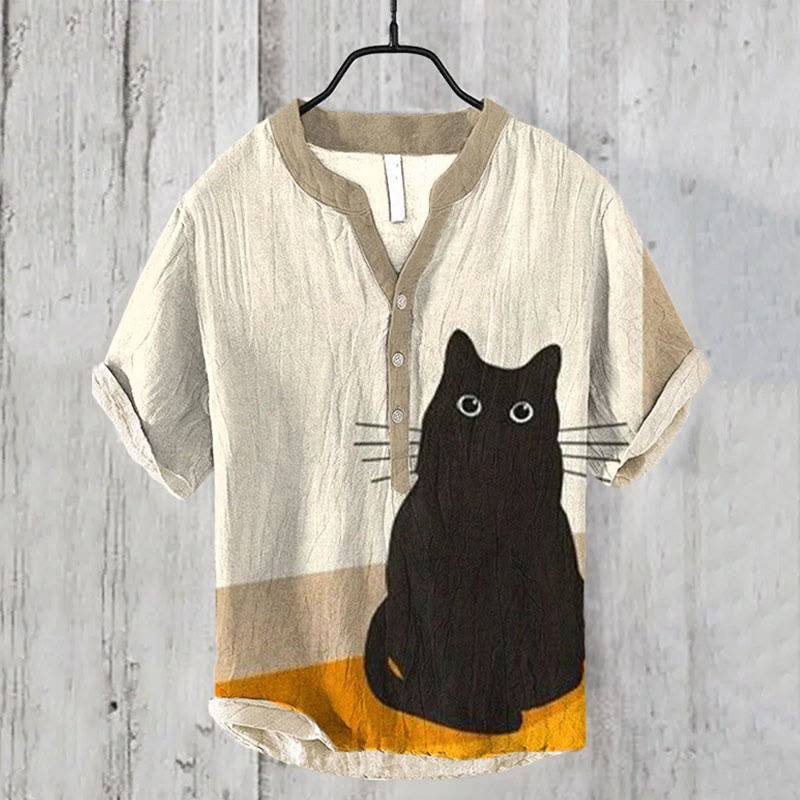 Japanese Retro Contrast Curious Cat Art Print Casual Shirt - Beige - 6XL - image 1