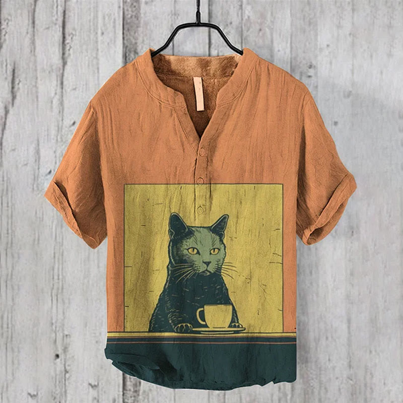 Japanese Vintage Coffee Break Cat Art Print Casual Shirt - Caramel - 6XL - image 1