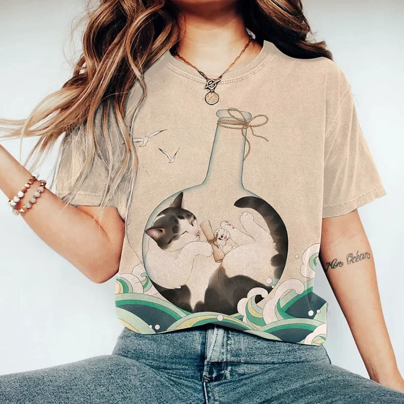 Japanese Vintage Sleeping Cat In Wishing Bottle Print Crew Neck T-shirt - Apricot - 8XL - image 1
