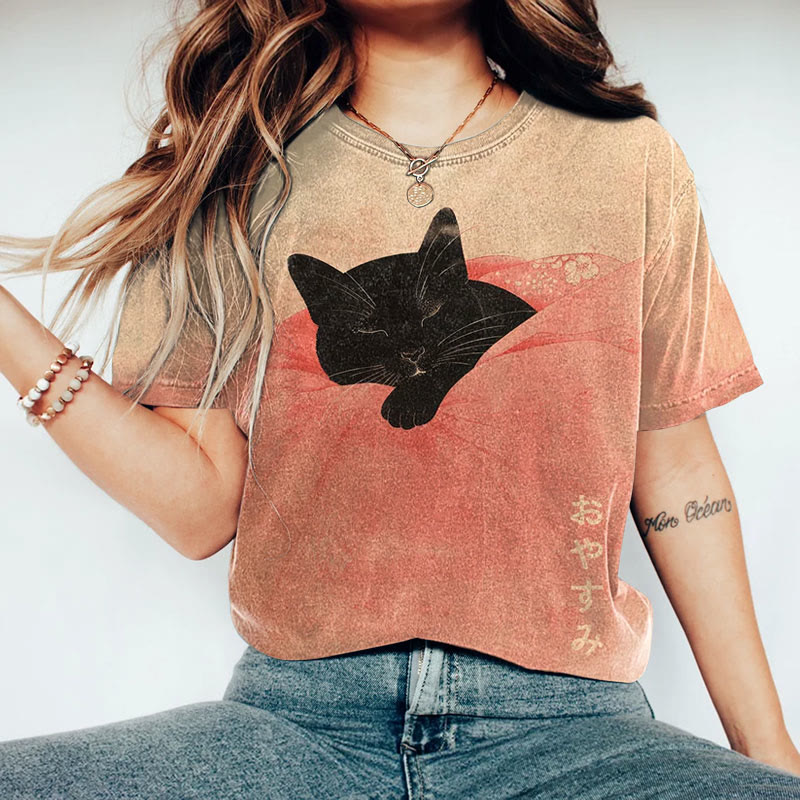 Japanese Vintage Black Cat Sleeping In Bed Print Crew Neck T-shirt - Pink - 8XL - image 1