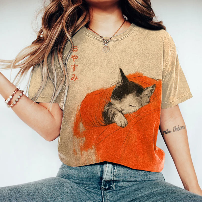 Japanese Vintage Cat Sleeping In Blanket Print Crew Neck T-shirt - Khaki - 8XL - image 1