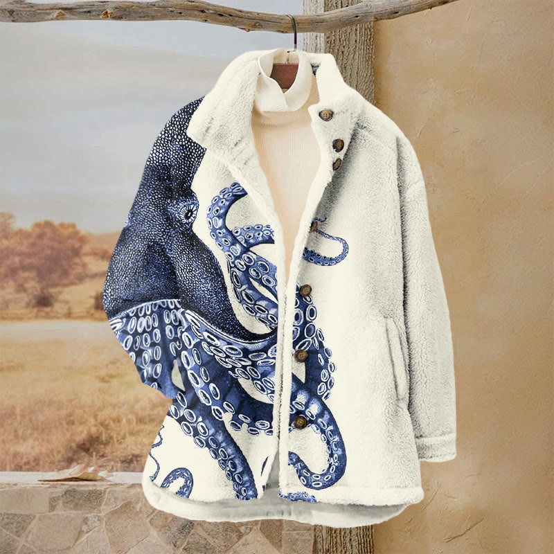 Japanese Art Octopus Graphic Print Causal Plush Jacket - Beige - 3XL - image 1