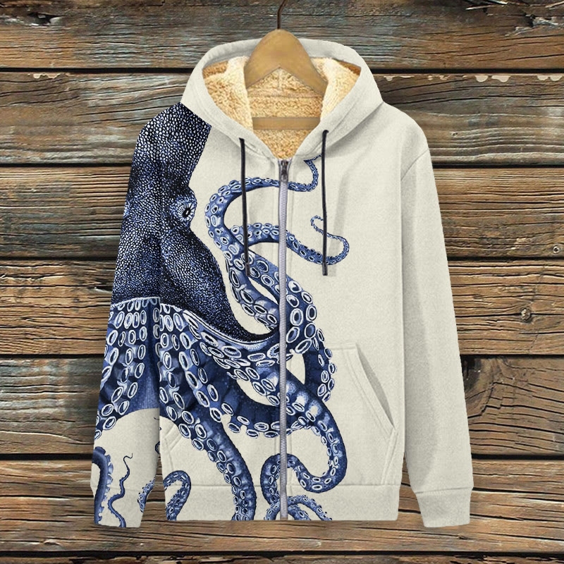 Japanese Art Octopus Graphic Print Fleece Jacket - Beige - 4XL - image 1