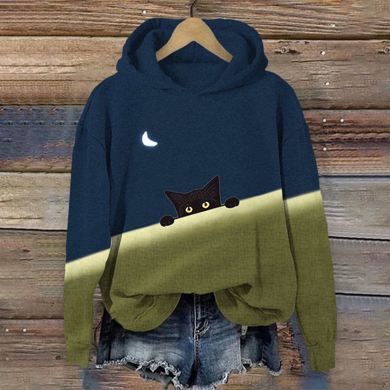 Black Cat Colorblock Art Print Long Sleeve Hoodie - Dark Blue - 8XL - image 1