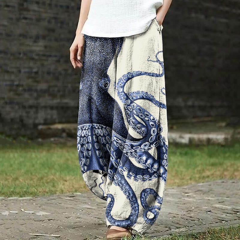 Japanese Art Octopus Graphic Print Casual Pants - Beige - 5XL - image 1