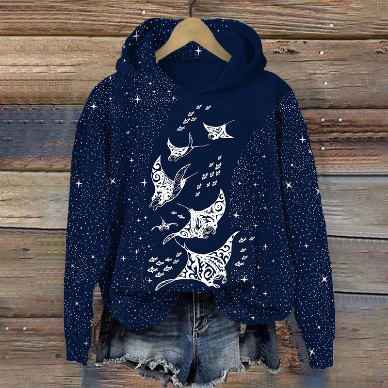 Retro Ethnic Manta Ray Starry Sky Art Print Long Sleeve Hoodie - Navy Blue - 8XL - image 1