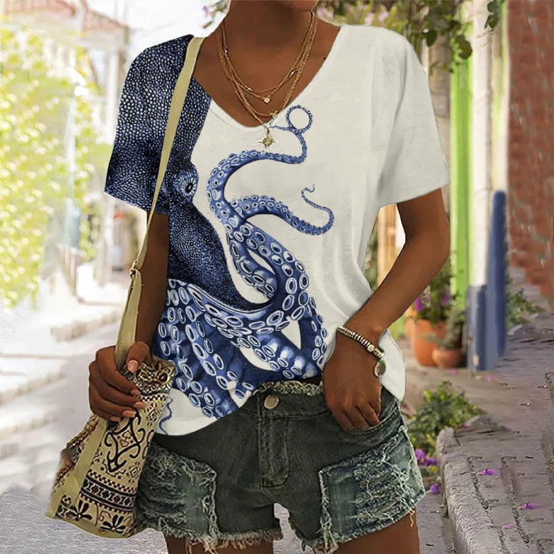 Japanese Art Octopus Graphic Print V-neck T-shirt - Beige - 5XL - image 1