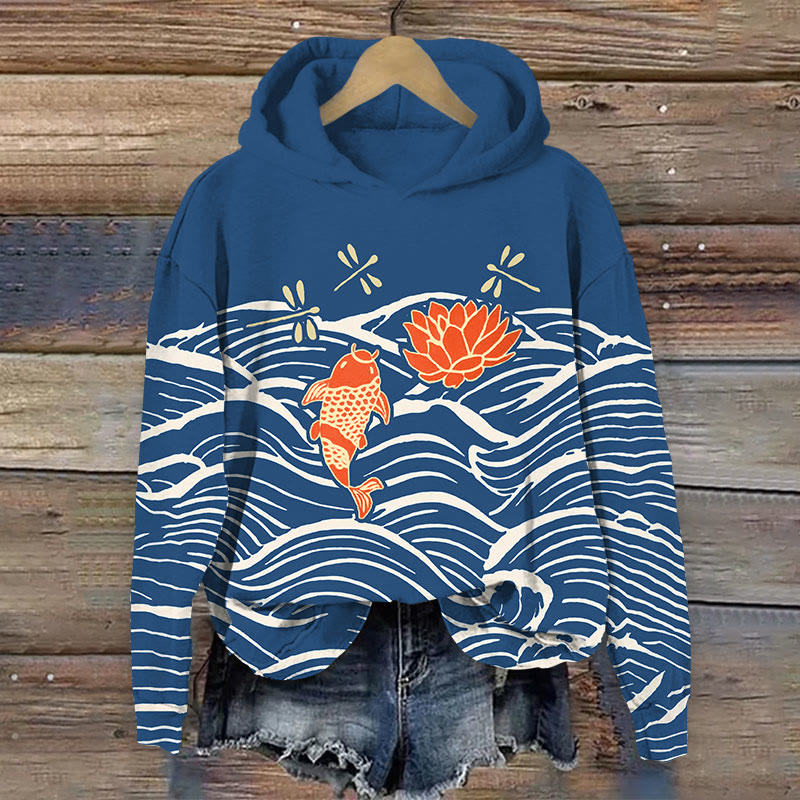 Vintage Japanese Wave Koi Fish Line Art Print Long Sleeve Hoodie - Dark Blue - 8XL - image 1