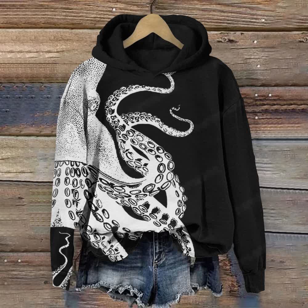 Japanese Art Octopus Graphic Print Casual Long Sleeve Hoodie - Black - 8XL - image 3