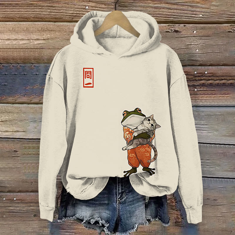 Japanese Retro Frog And Cat Companions Print Long Sleeve Hoodie - Beige - 8XL - image 1