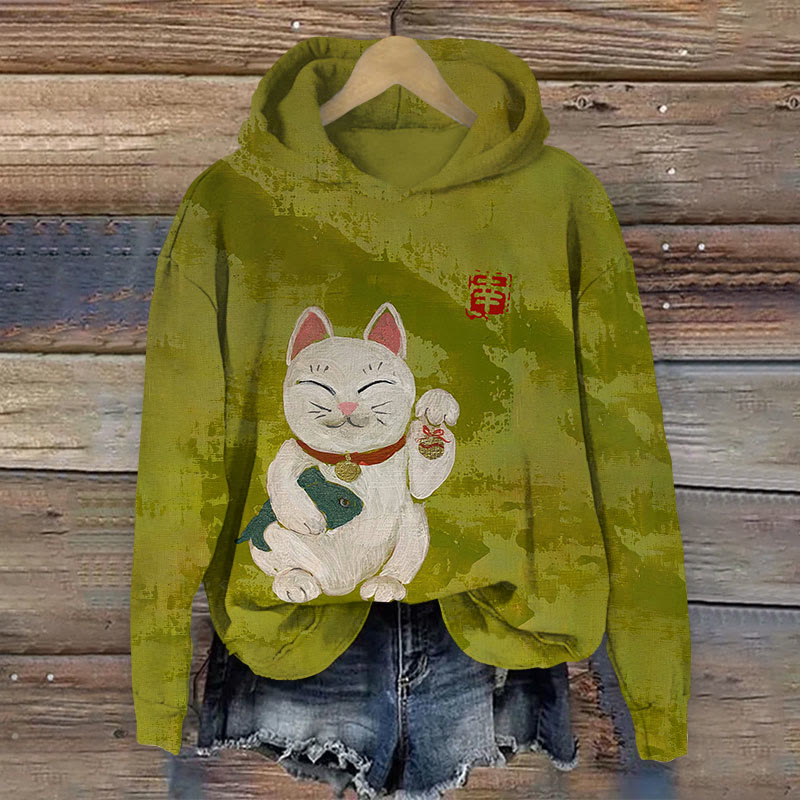 Japanese Retro Lucky Cat With Fish Print Long Sleeve Hoodie - Green - 8XL - image 1