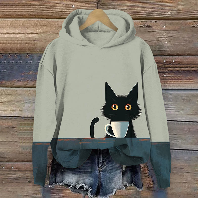 Japanese Retro Funny Coffee Cat Print Long Sleeve Hoodie - Grey - 8XL - image 1