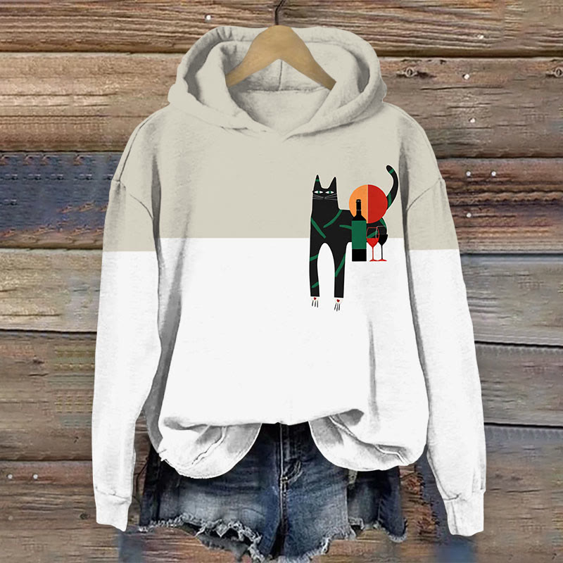 Japanese Retro Wine Cat Graphic Print Long Sleeve Hoodie - White - 8XL - image 1