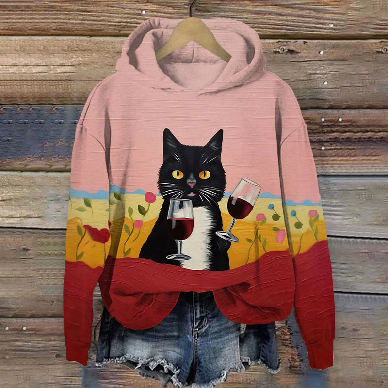 Japanese Retro Double Wine Glasses Cat Print Long Sleeve Hoodie - Pink - 8XL - image 1