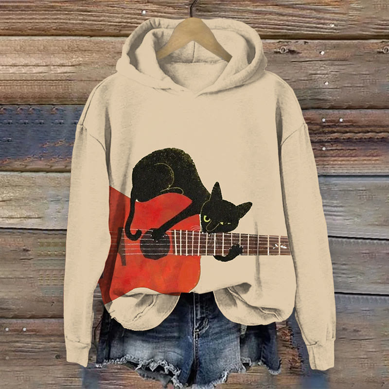 Japanese Retro Funny Guitar Cat Print Long Sleeve Hoodie - Apricot - 8XL - image 1