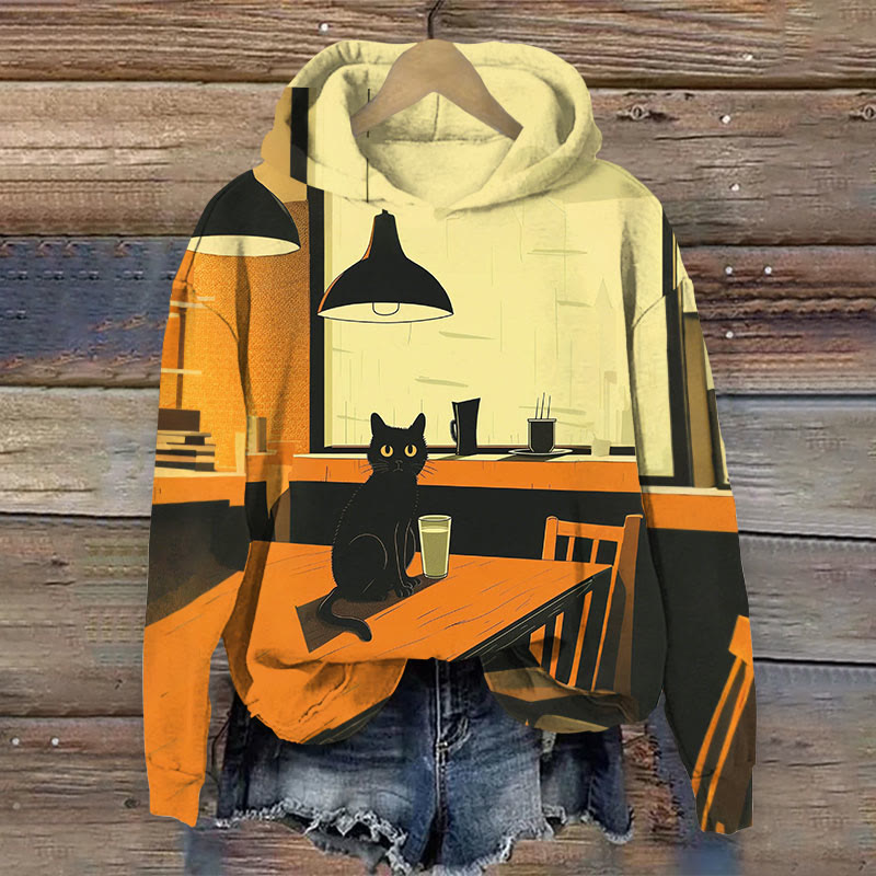 Japanese Retro Colorblocks Café Noir Cat Print Long Sleeve Hoodie - Multicolor - 8XL - image 1