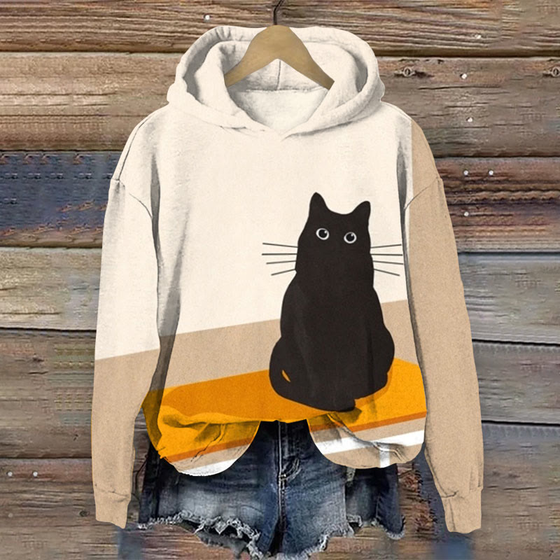 Japanese Retro Contrast Curious Cat Print Long Sleeve Hoodie - Khaki - 8XL - image 1