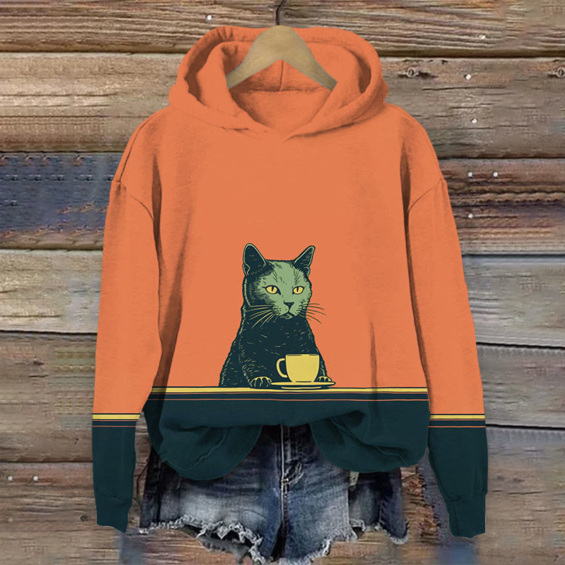 Japanese Vintage Coffee Break Cat Print Long Sleeve Hoodie - Orange - 8XL - image 1