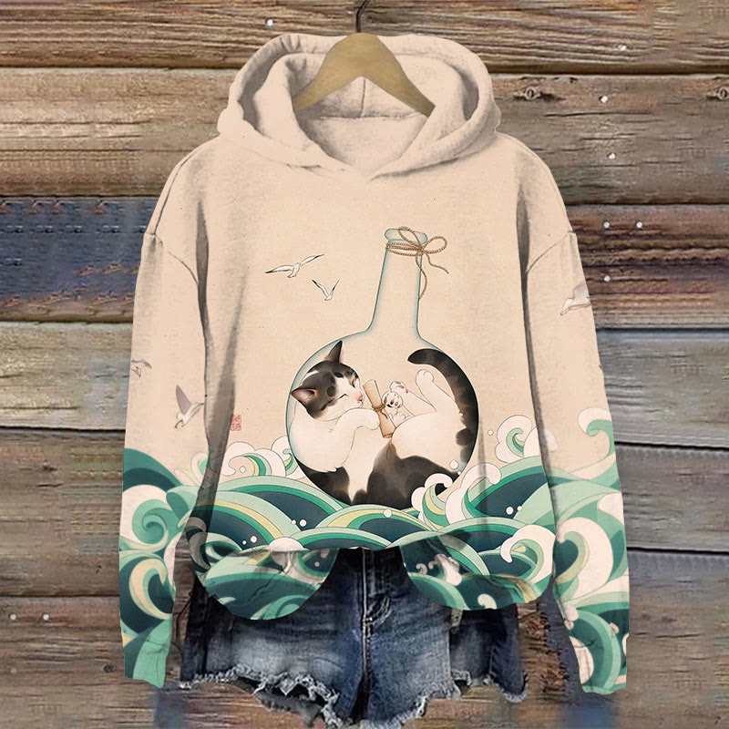 Japanese Vintage Sleeping Cat In Wishing Bottle Print Long Sleeve Hoodie - Apricot - 8XL - image 1