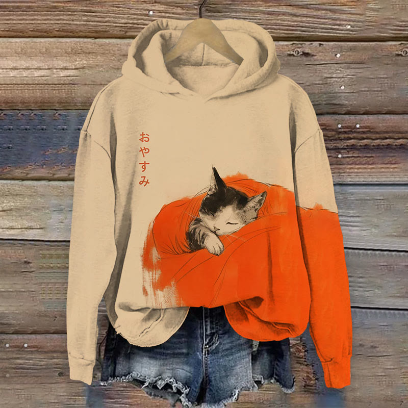 Japanese Vintage Black Cat Sleeping In Bed Print Long Sleeve Hoodie - Khaki - 8XL - image 1