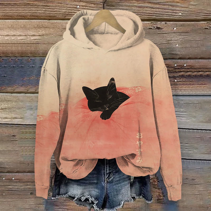 Japanese Vintage Cat Sleeping In Blanket Print Long Sleeve Hoodie - Pink - 8XL - image 1