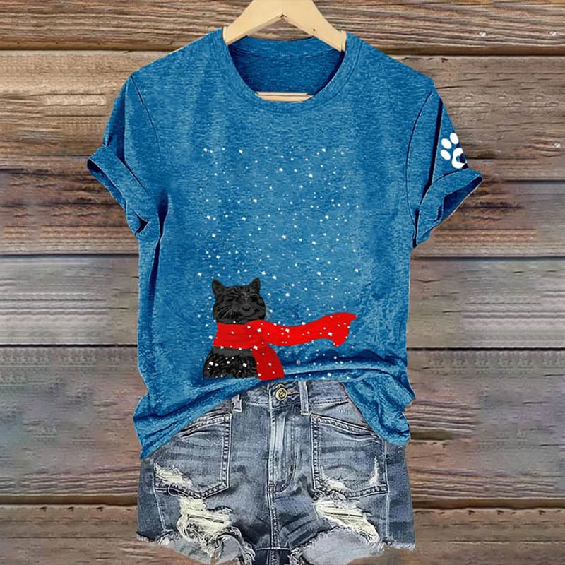 Women's Christmas Cute Kitten Print Round Neck T-shirt - Blue - 8XL - image 1