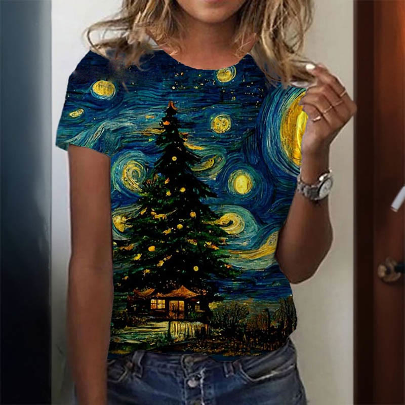 Women's Van Gogh Starry Night Christmas Tree Print Round Neck T-shirt - Multicolor - 8XL - image 1