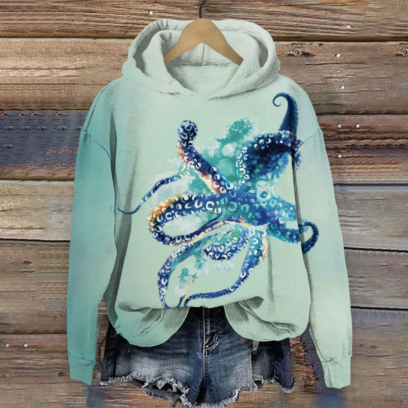Octopus Watercolour Ombre Art Print Long Sleeve Hoodie - Mint - 8XL - image 1