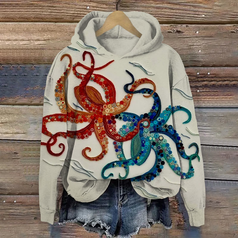 Contrast Octopus With Waves Art Print Long Sleeve Hoodie - Khaki - 8XL - image 1