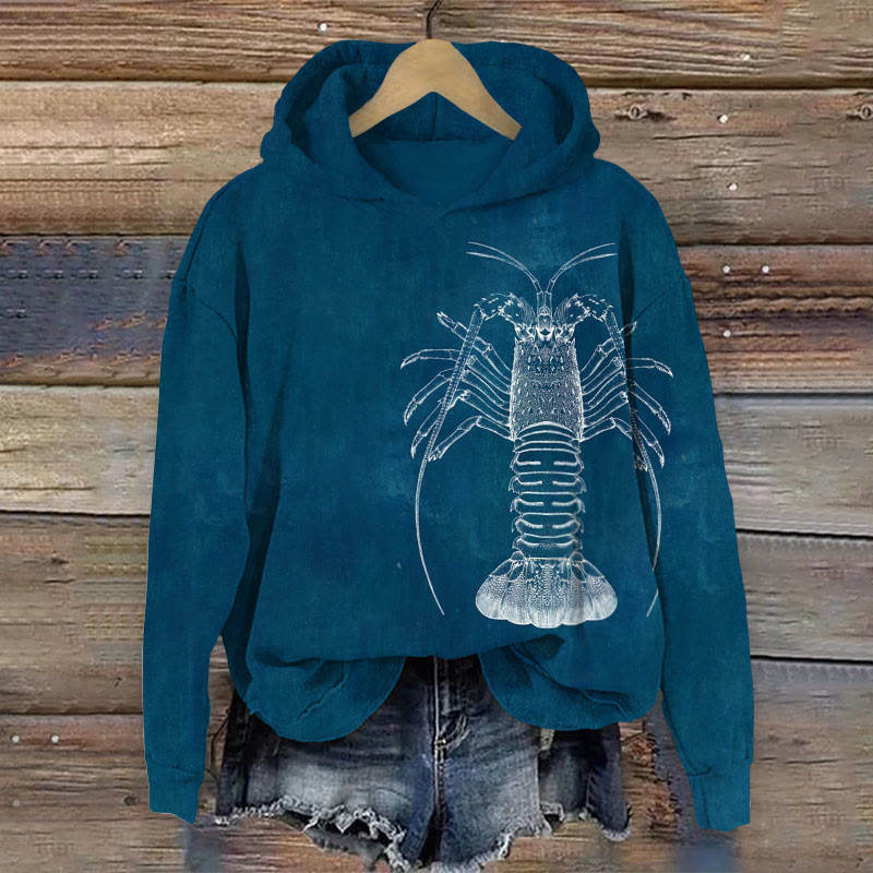 Lobster Line Art Print Long Sleeve Hoodie - Blue - 8XL - image 1