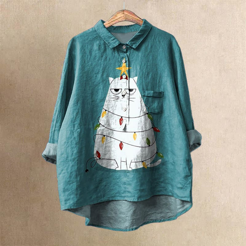 Funny Cat And Christmas Decoration Graphic Print Casual Lapel Blouse - Green - 6XL - image 1