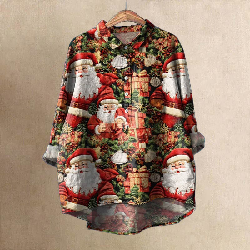 Women's Lovely Christmas Santa Gifts Art Print Casual Lapel Blouse - Red - 6XL - image 1