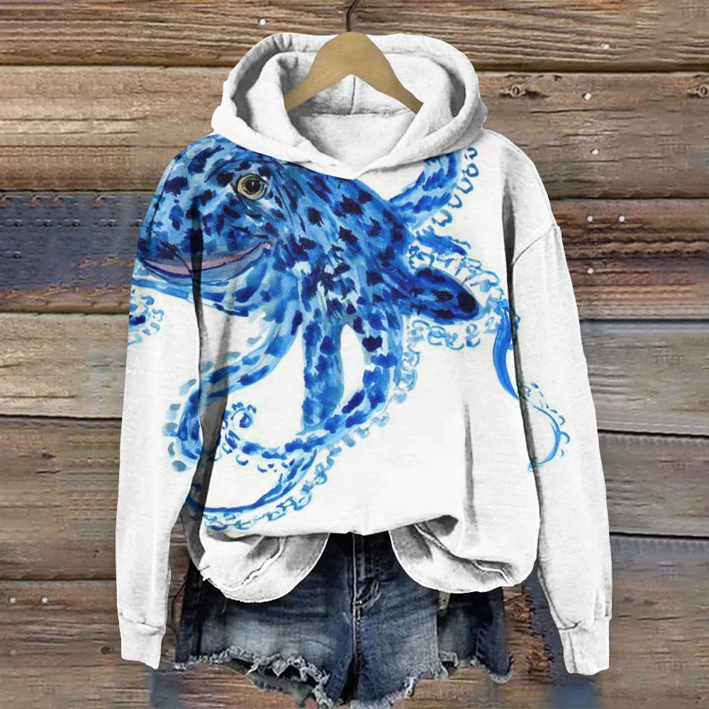 Asymmetric Watercolor Octopus Print Long Sleeve Hoodie - White - 8XL - image 1