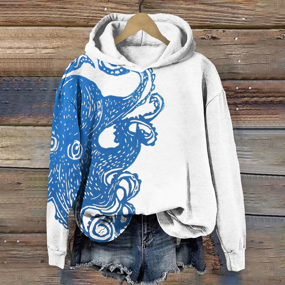 Chubby Japanese Octopus Print Long Sleeve Hoodie - White - 8XL - image 1