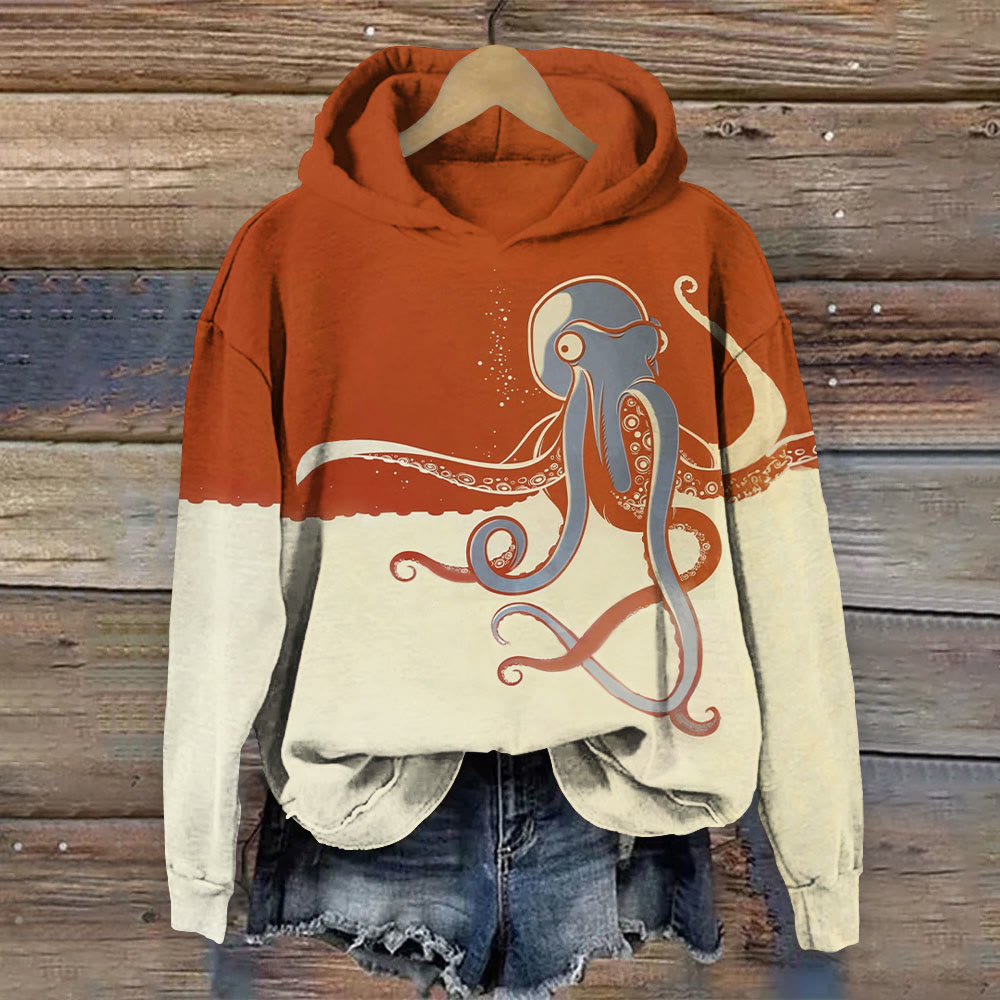 Colorblock Japanese Octopus Print Long Sleeve Hoodie - Orange - 8XL - image 1