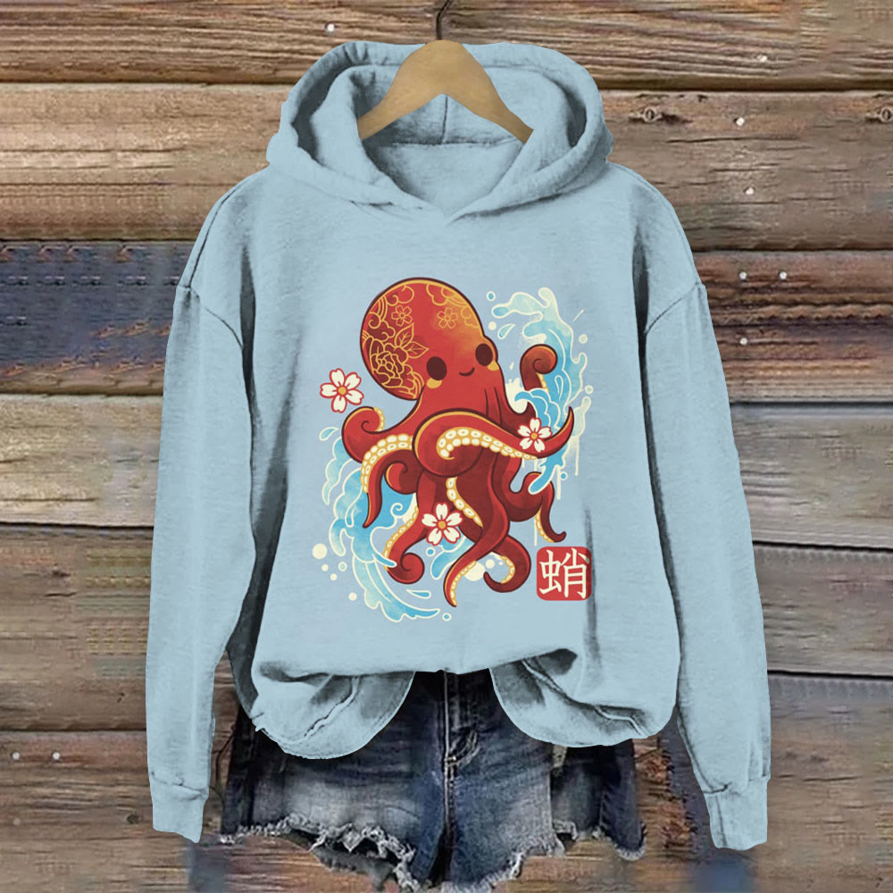 Cute Japanese Octopus Print Long Sleeve Hoodie - Light Blue - 8XL - image 1
