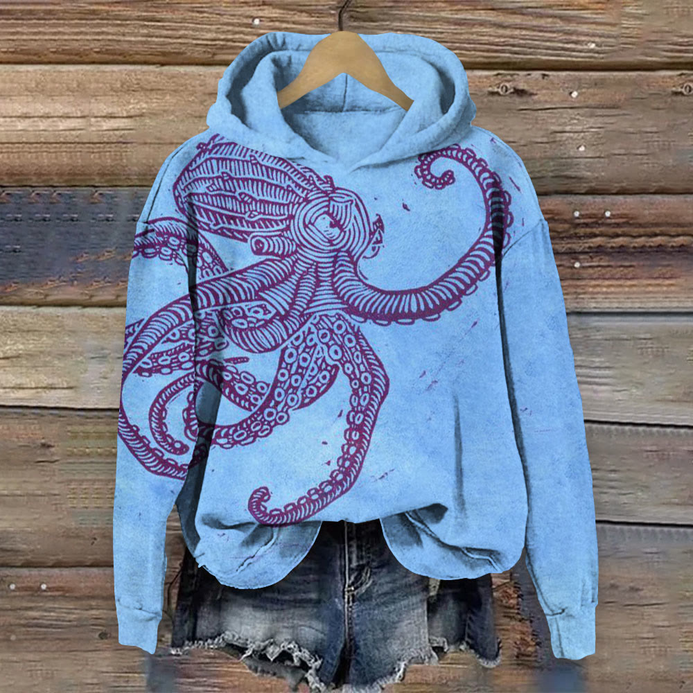 Funny Angry Octopus Print Long Sleeve Hoodie - Blue - 8XL - image 1