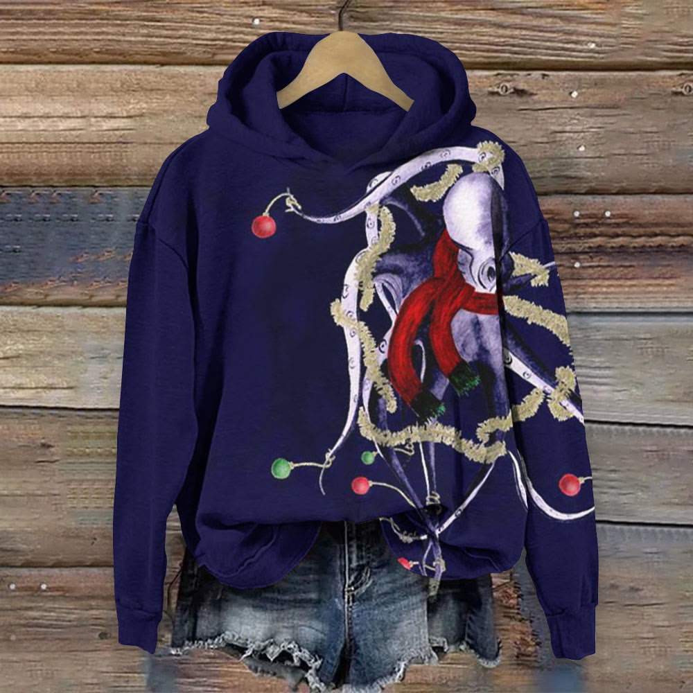 Christmas Lights Octopus Print Long Sleeve Hoodie - Purple - 8XL - image 1