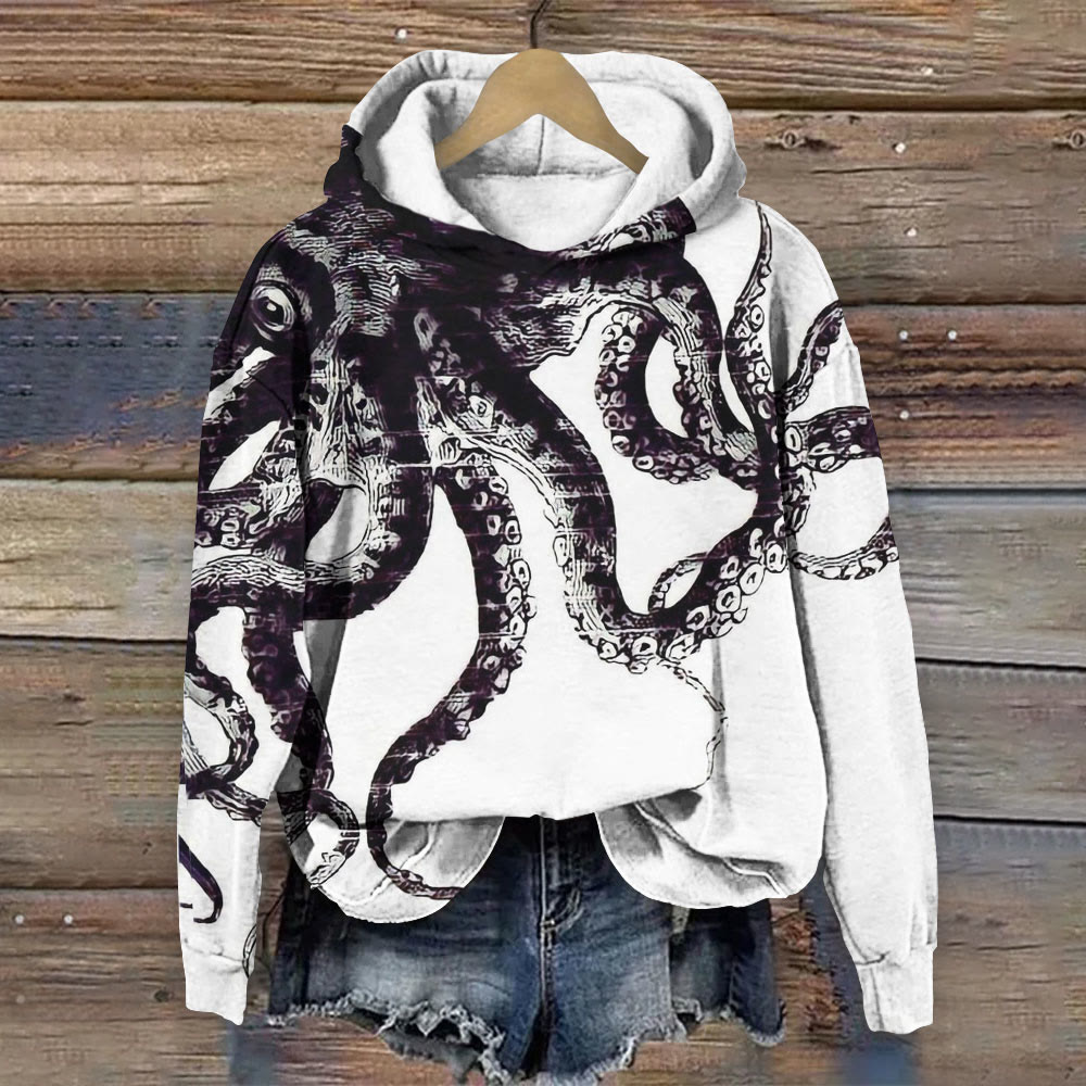 Asymmetric Vintage Octopus Print Long Sleeve Hoodie - White - 8XL - image 1